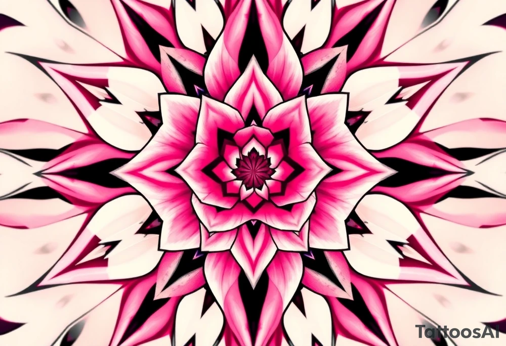 The pink rose appears as if viewed through a mesmerizing kaleidoscope, with its delicate petals radiating outward in a perfectly symmetrical, fractal-like pattern. Shades of soft blush and vibrant magenta blend seamlessly, creating a hypnotic, almost surreal visual effect that draws the eye deeper into its intricate layers. The petals seem to fold and reflect infinitely, forming geometric shapes that shift and transform, giving the rose an ethereal, dreamlike quality. tattoo idea