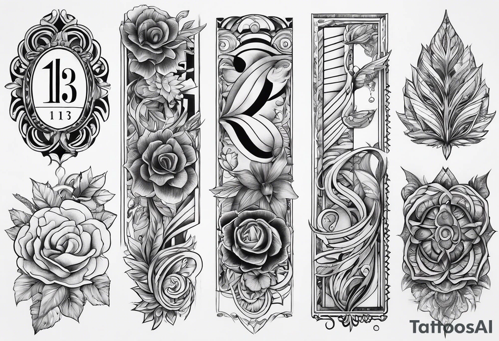 a streak with no color inside with a M, A and P with number 13, 10 and 20 tattoo idea