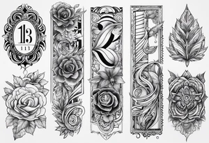 a streak with no color inside with a M, A and P with number 13, 10 and 20 tattoo idea