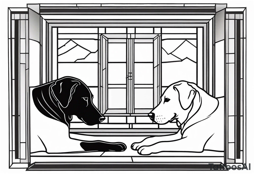 dog and cat sitting on floor and looking out octagonal window together tattoo idea