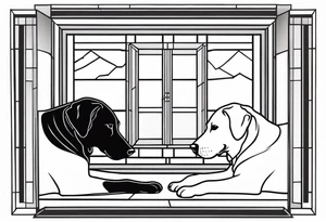 dog and cat sitting on floor and looking out octagonal window together tattoo idea