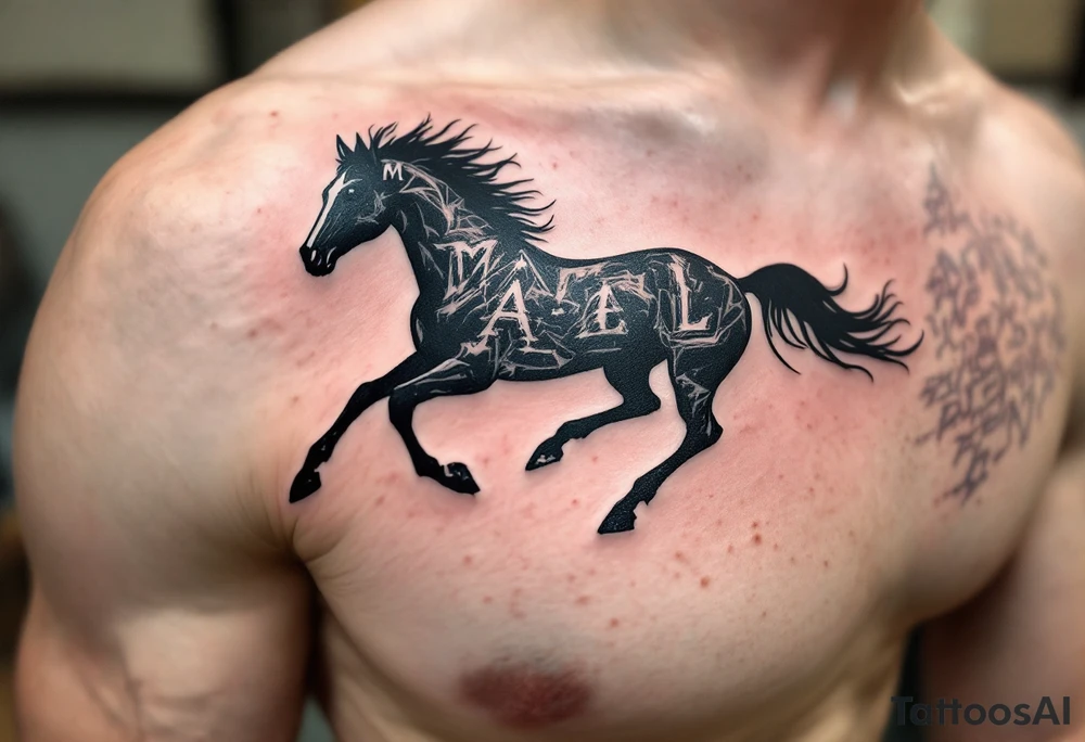horse silhouette 
from the front which gallops from the front, with the 3 small letters discreetly integrated: M, A, L tattoo idea