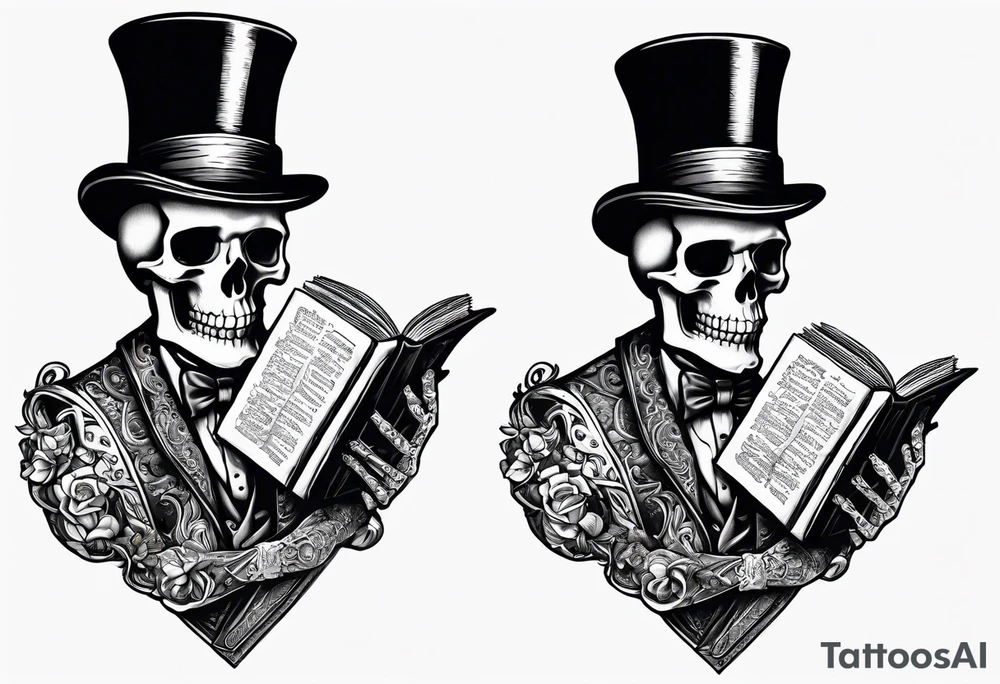 old time skeleton wearing a top hat holding a holy bible tattoo idea