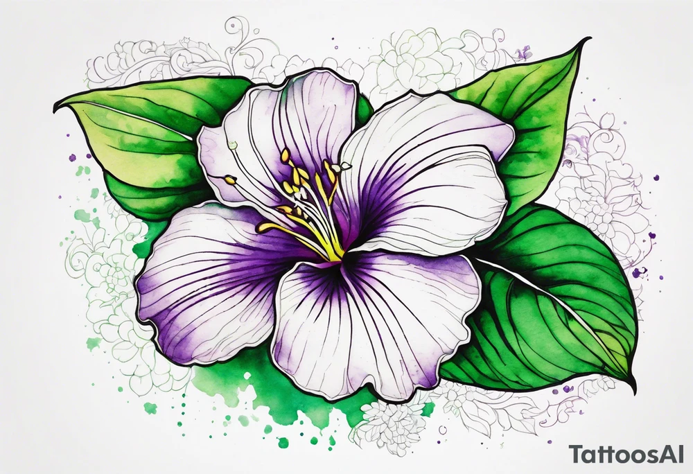 An outline of a rio dipladenia flower with a green and purple watercolor background tattoo idea