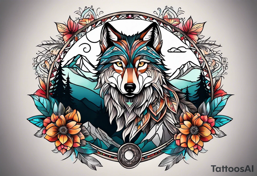 A whimsical wolf tattoo featuring mandala or dream catcher elements, with the wolf as the central focus, surrounded by mountains in the background. Include flowers and nature elements to fill the space around the wolf. tattoo idea