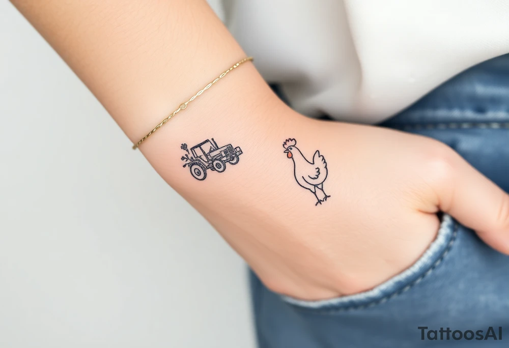 A bracelet that includes a very small tractor and bouquet flowers and a hen tattoo idea