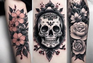 Old school flower skull , small ghost cat with lightning cloud, cherry blossoms, and bouquet of flowers with smoke as a filler in between each image tattoo idea