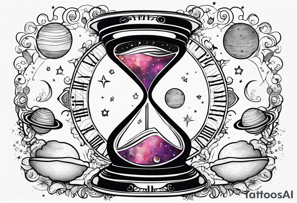 Mix an hourglass with a nautical clock with the addition of planets, galaxies to give a design to print on a t-shirt, the design should be in one color in the form of a tattoo and all the shapes should be mixed to give one shape tattoo for all arms. tattoo idea
