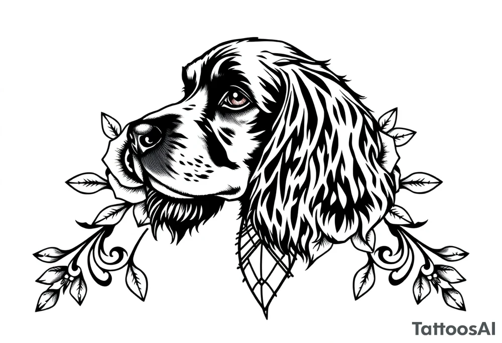 Female Cocker spaniel head with gothic flowers and geometric boarder tattoo idea