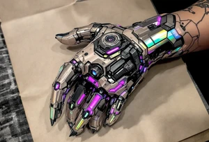 A cleanly layered mechanical palm in polished titanium with holographic light accents in magenta. tattoo idea