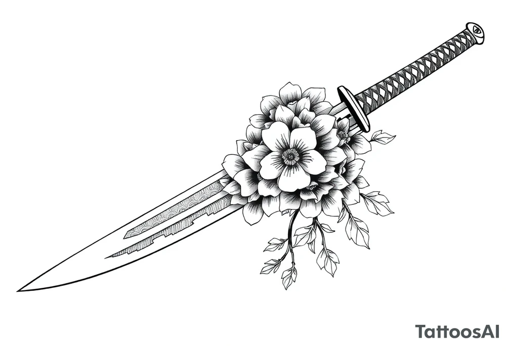 Katana with flowers on the blade tattoo idea