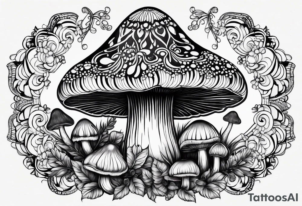 Large Shaggy cap mushroom dripping ink off cap with 4 smaller mushrooms around it mandala henna black tattoo design tattoo idea