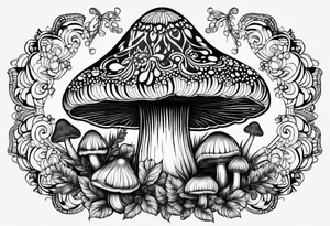 Large Shaggy cap mushroom dripping ink off cap with 4 smaller mushrooms around it mandala henna black tattoo design tattoo idea
