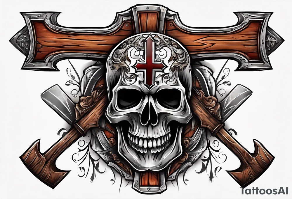 large wooden cross with a cross cut saw and double bitted axe crossed over it tattoo idea