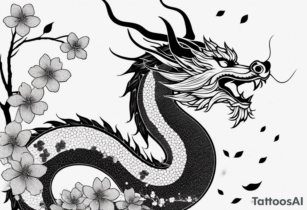 dragon, japanese, female, cherry blossoms, vines, elegant, minimalist, sleek tattoo idea