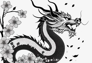 dragon, japanese, female, cherry blossoms, vines, elegant, minimalist, sleek tattoo idea