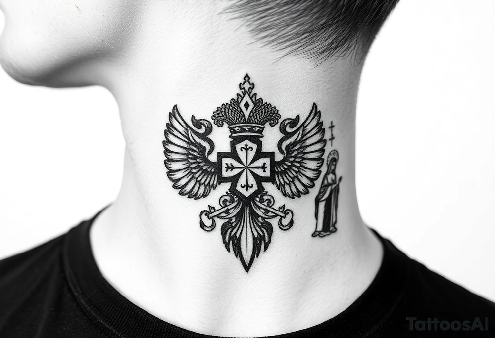 russian coat arms in a russian christian orthodox cross with the cross in the middle with a virgin mary & orthodox dome church on the side of the neck tattoo idea