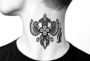 russian coat arms in a russian christian orthodox cross with the cross in the middle with a virgin mary & orthodox dome church on the side of the neck tattoo idea