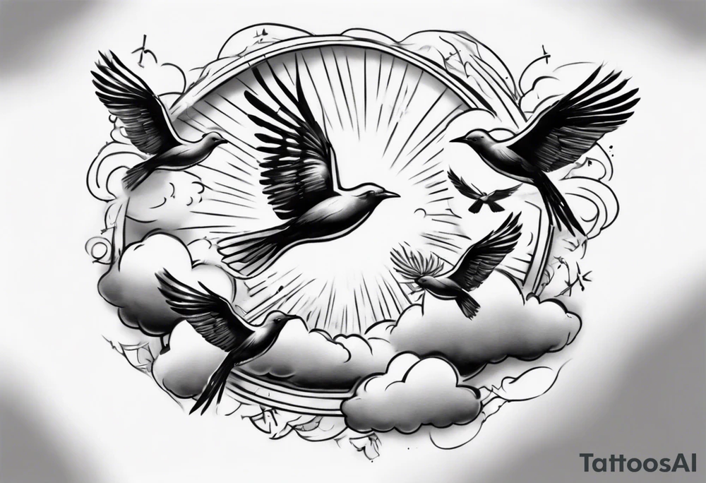 a shoulder tattoo with rays of light, clouds and birds flying free tattoo idea