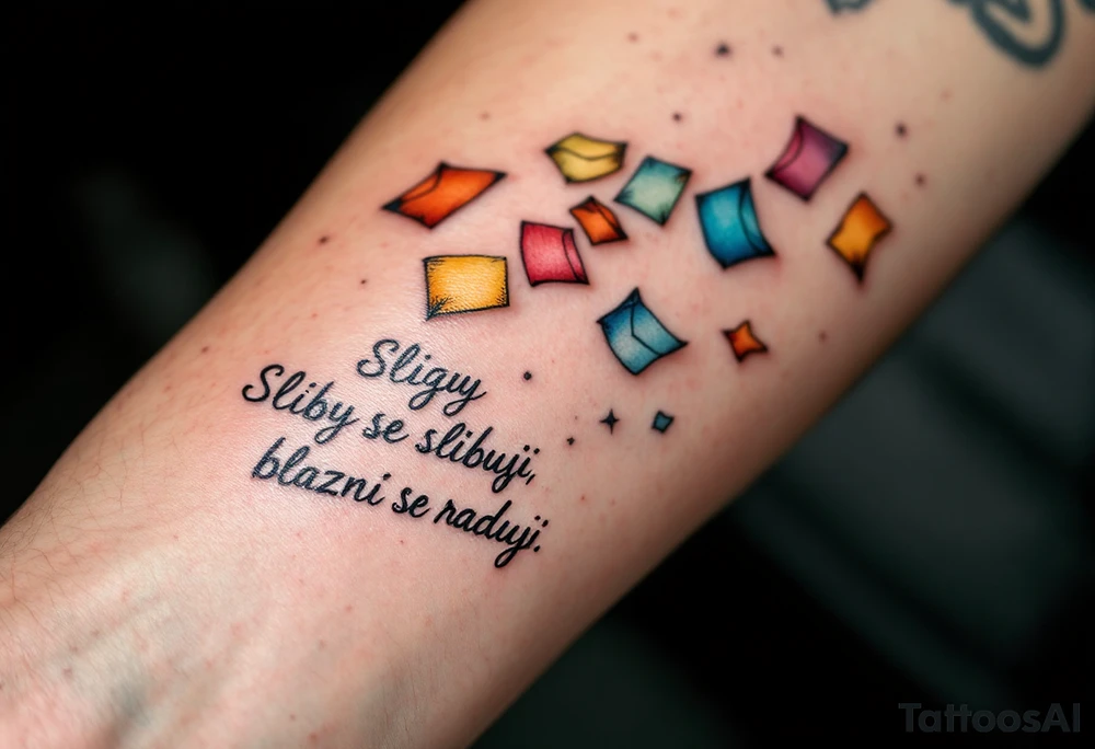 "Sliby se slibuji, blazni se raduji." — A string of colorful paper promises fluttering away in the wind, with the quote wrapped around in playful gray cursive. tattoo idea