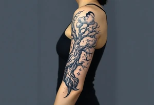 right arm sleeve, giant tree branch made of stone, clouds and lightning mixed throughout, tattoo idea