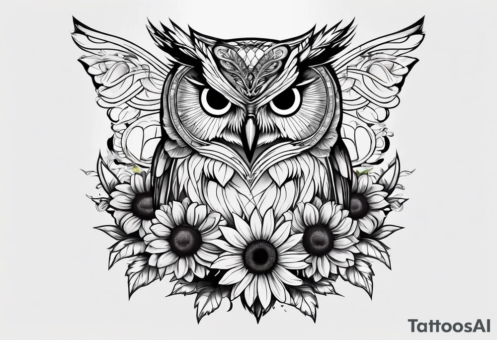 Owl with butterfly and sunflower tattoo idea