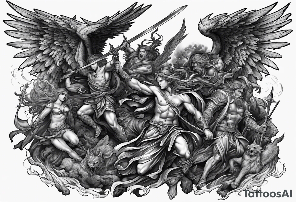 Angels fighting demons crawling from hell tattoo idea