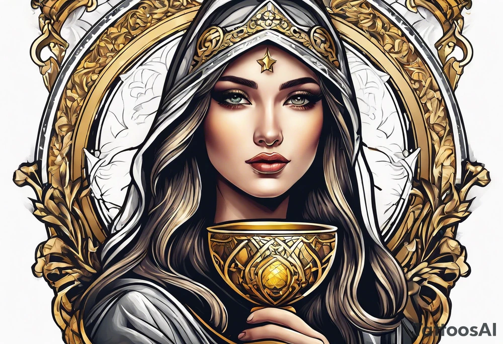 woman saint holding chalice surrounded by golden halo sideways tattoo idea