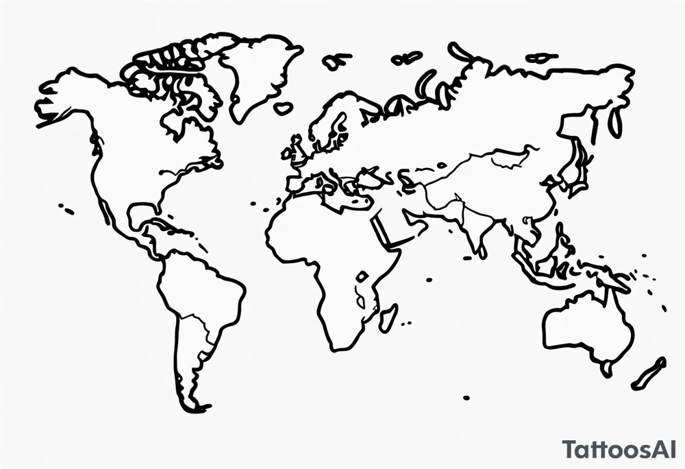 minimalist tattoo, using a single line to draw the extern contour of the world map with the 5 continents, white background tattoo idea