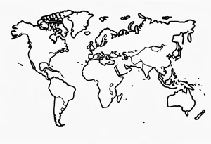 minimalist tattoo, using a single line to draw the extern contour of the world map with the 5 continents, white background tattoo idea