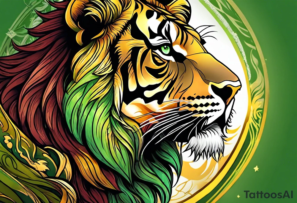 Lion and tiger with colors green, yellow, maroon and black tattoo idea