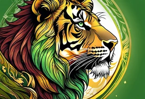 Lion and tiger with colors green, yellow, maroon and black tattoo idea