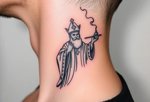 Russian Orthodox Priest in a fully detailed gold vestment swinging a censer with smoke curling upward tattoo idea