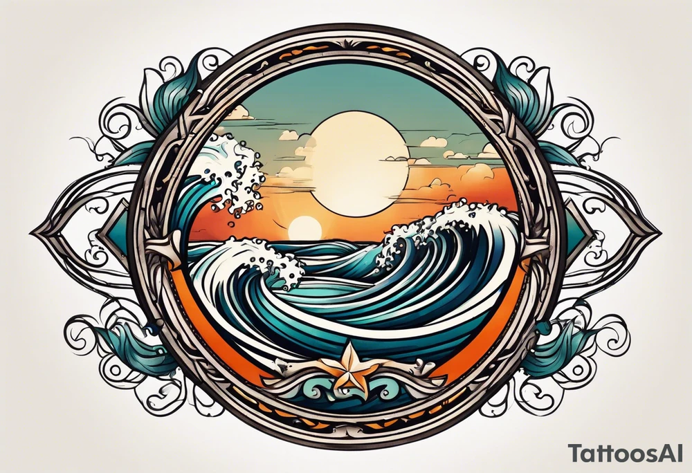 vintage traditional tattoo of ocean waves 
within a circle and banner across bottom tattoo idea