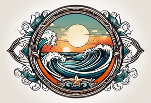 vintage traditional tattoo of ocean waves 
within a circle and banner across bottom tattoo idea