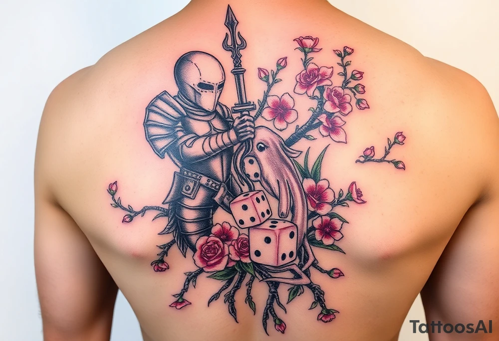 knight and squid intertwined with climbing roses and tree roots with cherry blossoms rolling dice tattoo idea