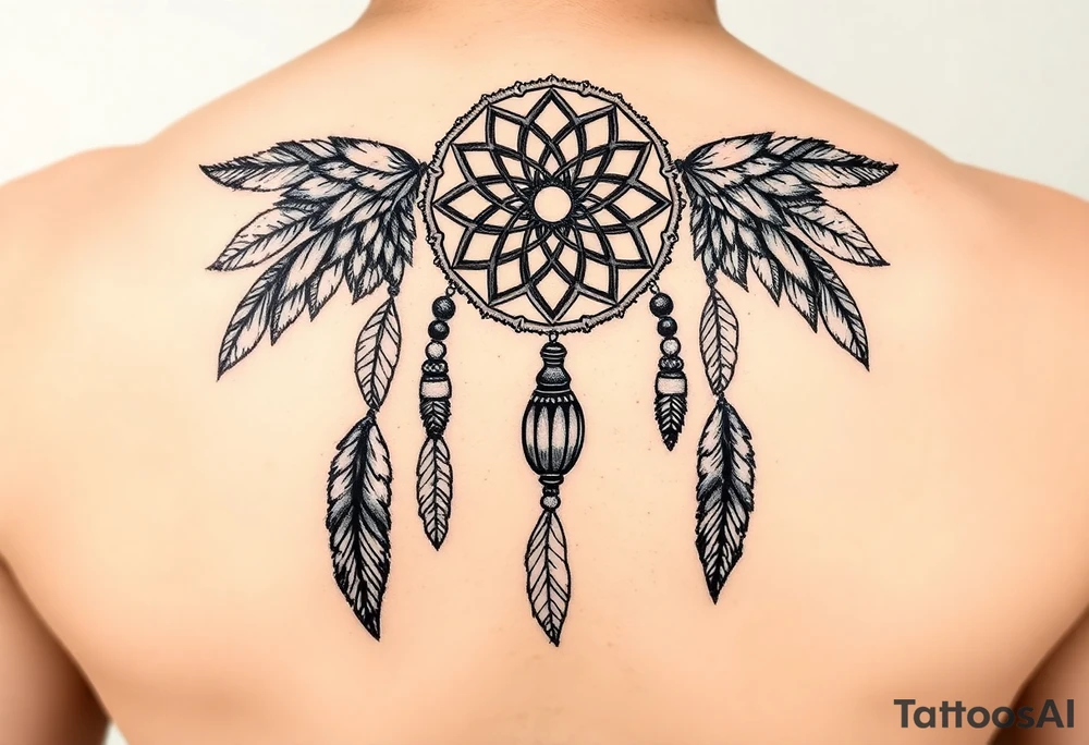 native dreamcatcher with flowing feathers and sacred beads tattoo idea