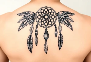 native dreamcatcher with flowing feathers and sacred beads tattoo idea