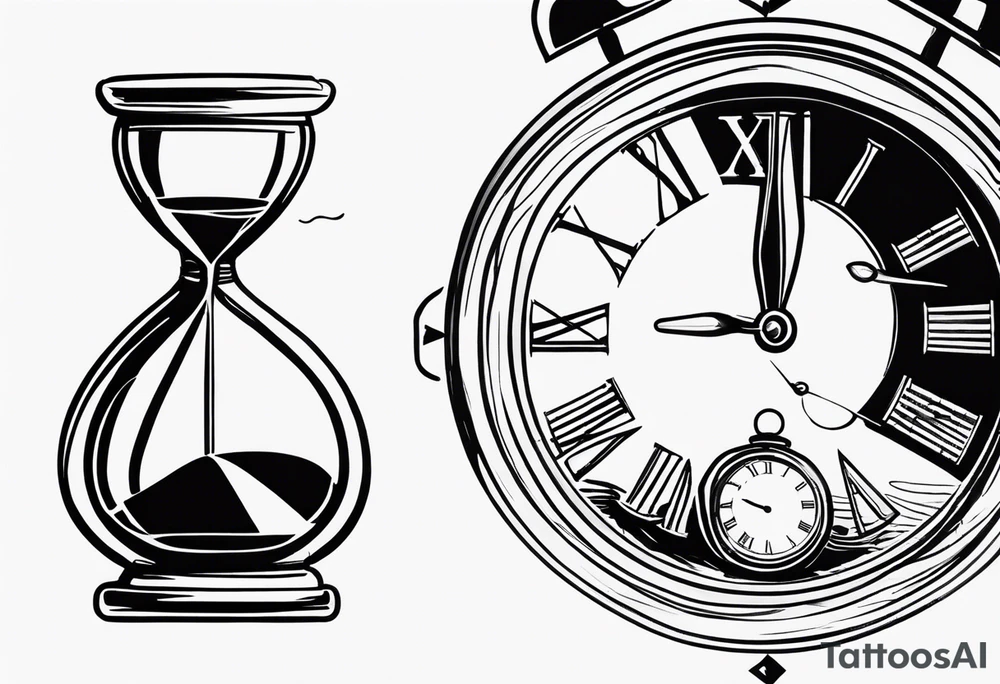 a tattoo mixing a clock and an hourglass in black and white where the year 1979 appears. tattoo idea
