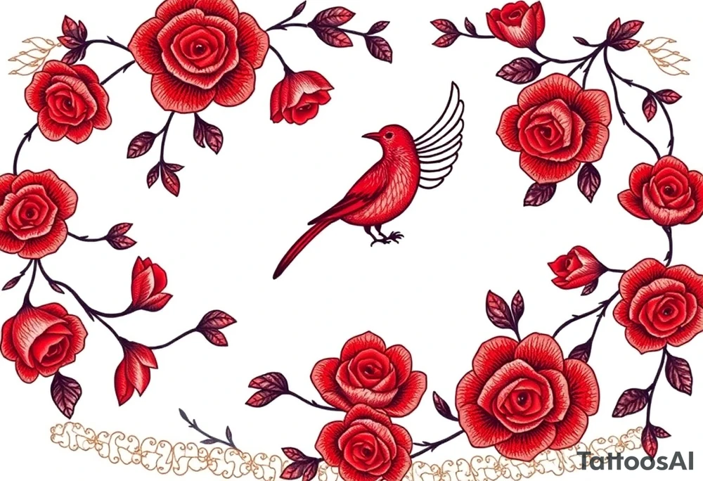 Vintage lace, red roses, red bird, vintage, wrap around, tighter together, no space open tattoo idea