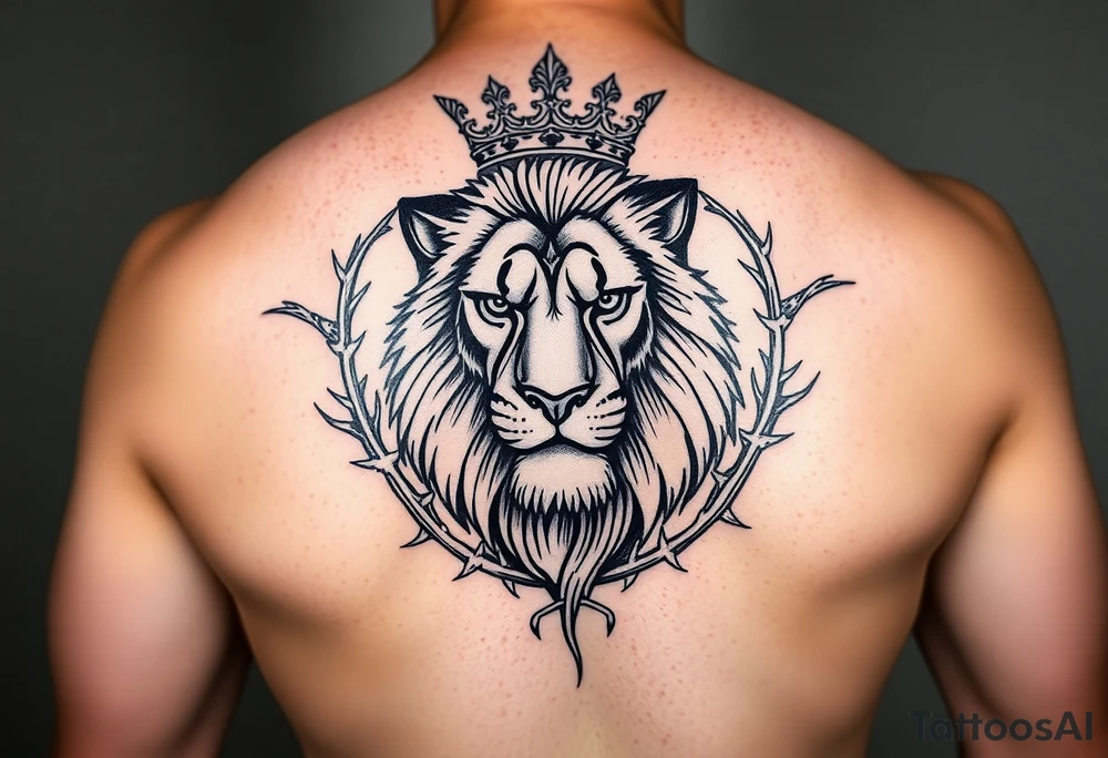 powerful majestic lion with a crown, surrounded by thorns ornaments tattoo idea