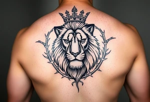 powerful majestic lion with a crown, surrounded by thorns ornaments tattoo idea
