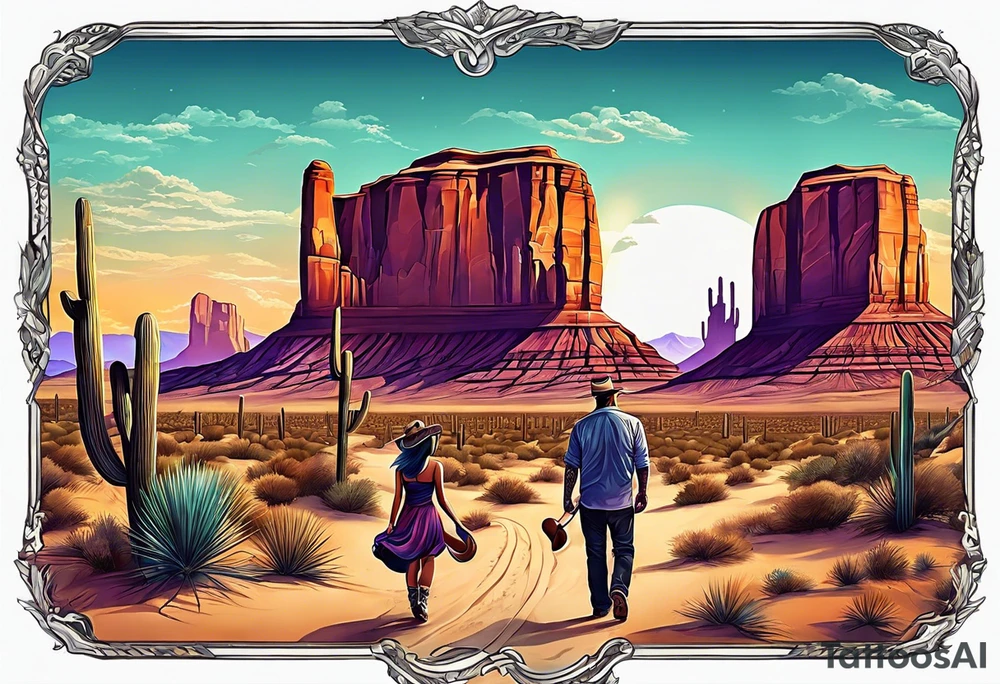 Desert scape. Guitar playing daughter and father tattoo idea
