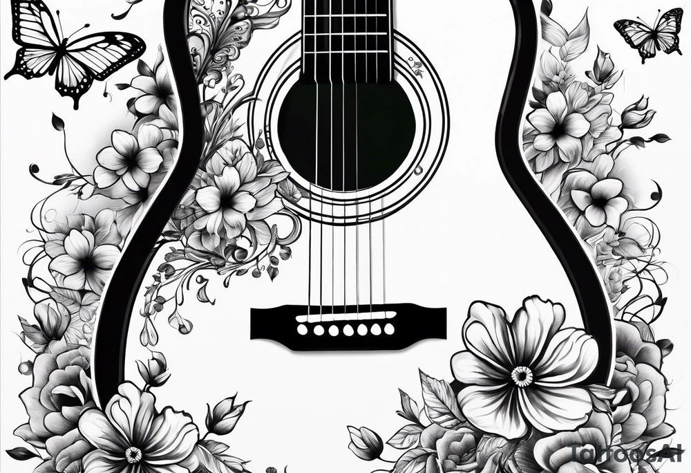 Guitar with flowers growing off the side, butterflies, small tattoo idea