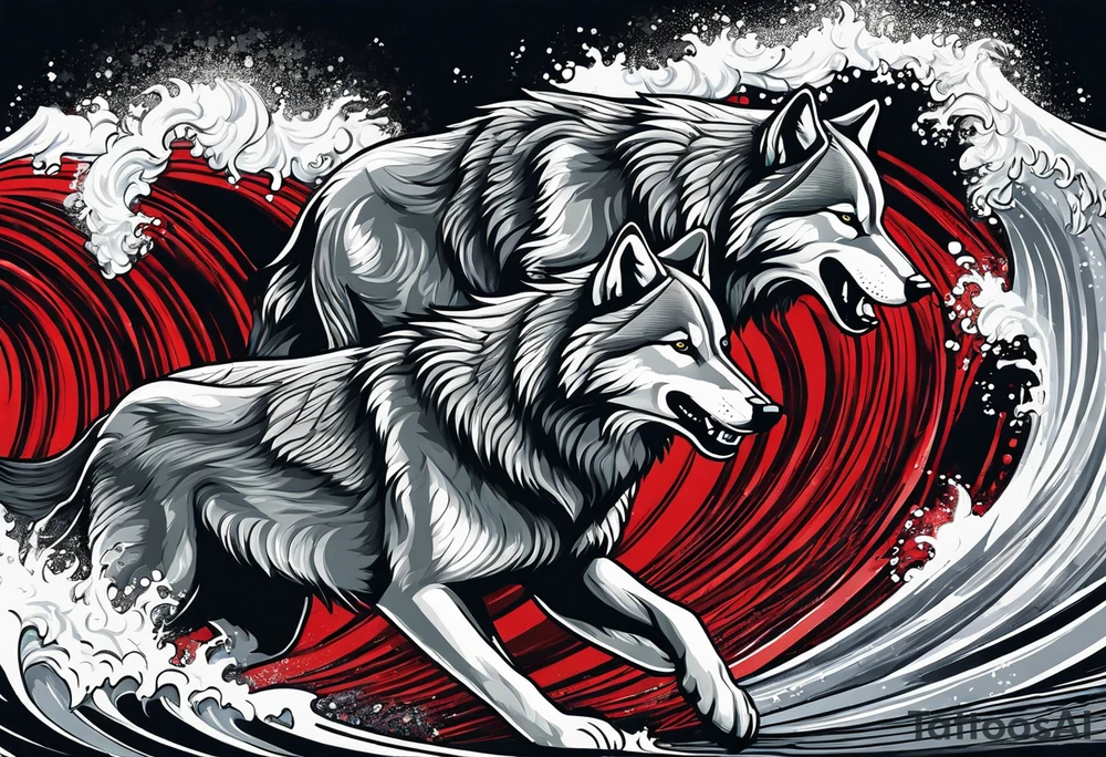 a pack of 3 howling muscular  gray wolves surfing waves with a linear background with red, white and black and gray tattoo idea