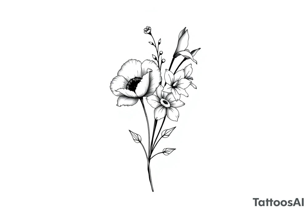 simple black and white tattoo with a bouquet from one stem with a poppy flower, lily of the valley flower , daffodil flower , water lily flower , daisy flower , with less lines and detail tattoo idea