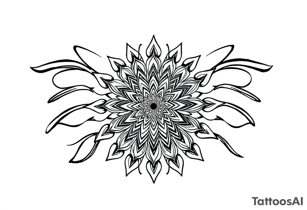 Mandala center with flowing black lines extending outward, blackwork tattoo design, spiritual energy, curved shapes, symmetrical but flowing, designed for sleeve expansion tattoo idea