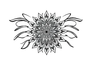 Mandala center with flowing black lines extending outward, blackwork tattoo design, spiritual energy, curved shapes, symmetrical but flowing, designed for sleeve expansion tattoo idea