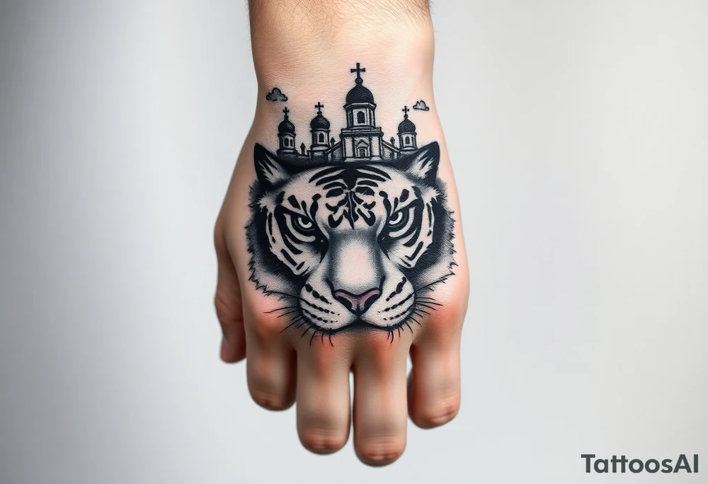 in a dorsal view of the hand and forearm a tiger face on the hand with black hollowed eyes, then above this a orthodox church shrouded with a mist and fading into a virgin mary overlooking tattoo idea