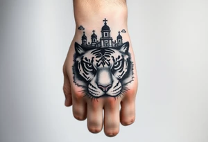 in a dorsal view of the hand and forearm a tiger face on the hand with black hollowed eyes, then above this a orthodox church shrouded with a mist and fading into a virgin mary overlooking tattoo idea